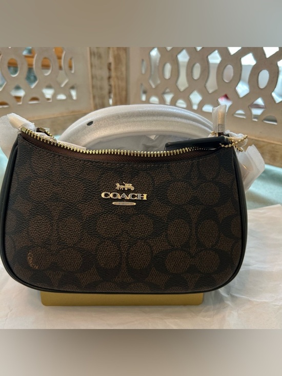 Coach Handbags - COACH Brown Signature Canvas Small Zip Crossbody with Gold Hardware